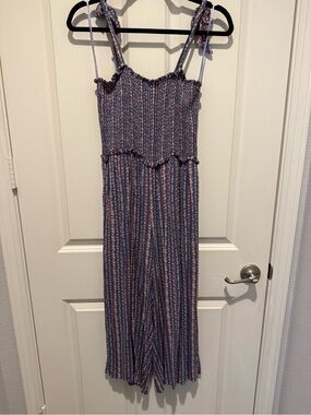 Blue Rain Lavender Striped Smocked Tie-Shoulder Jumpsuit